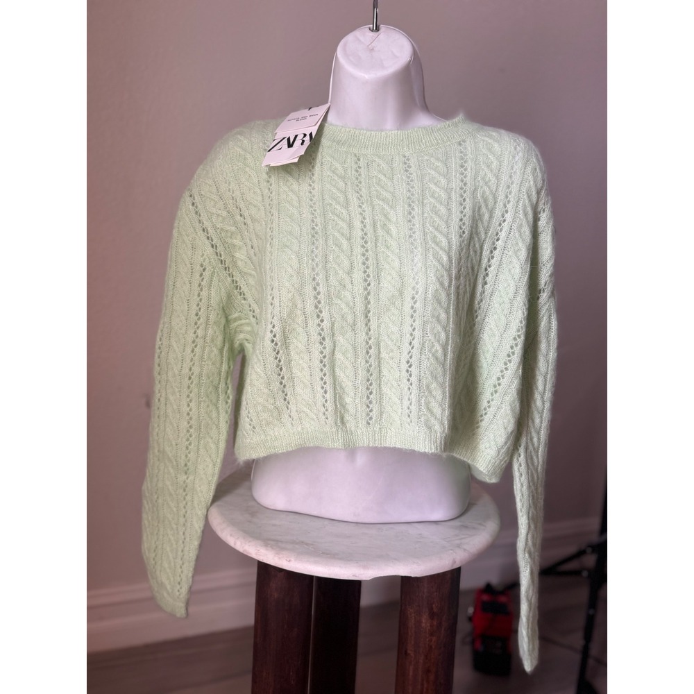 Zara Mint Green Alpaca Wool Blend Cropped Cable Knit Pointelle Sweater Med NWT